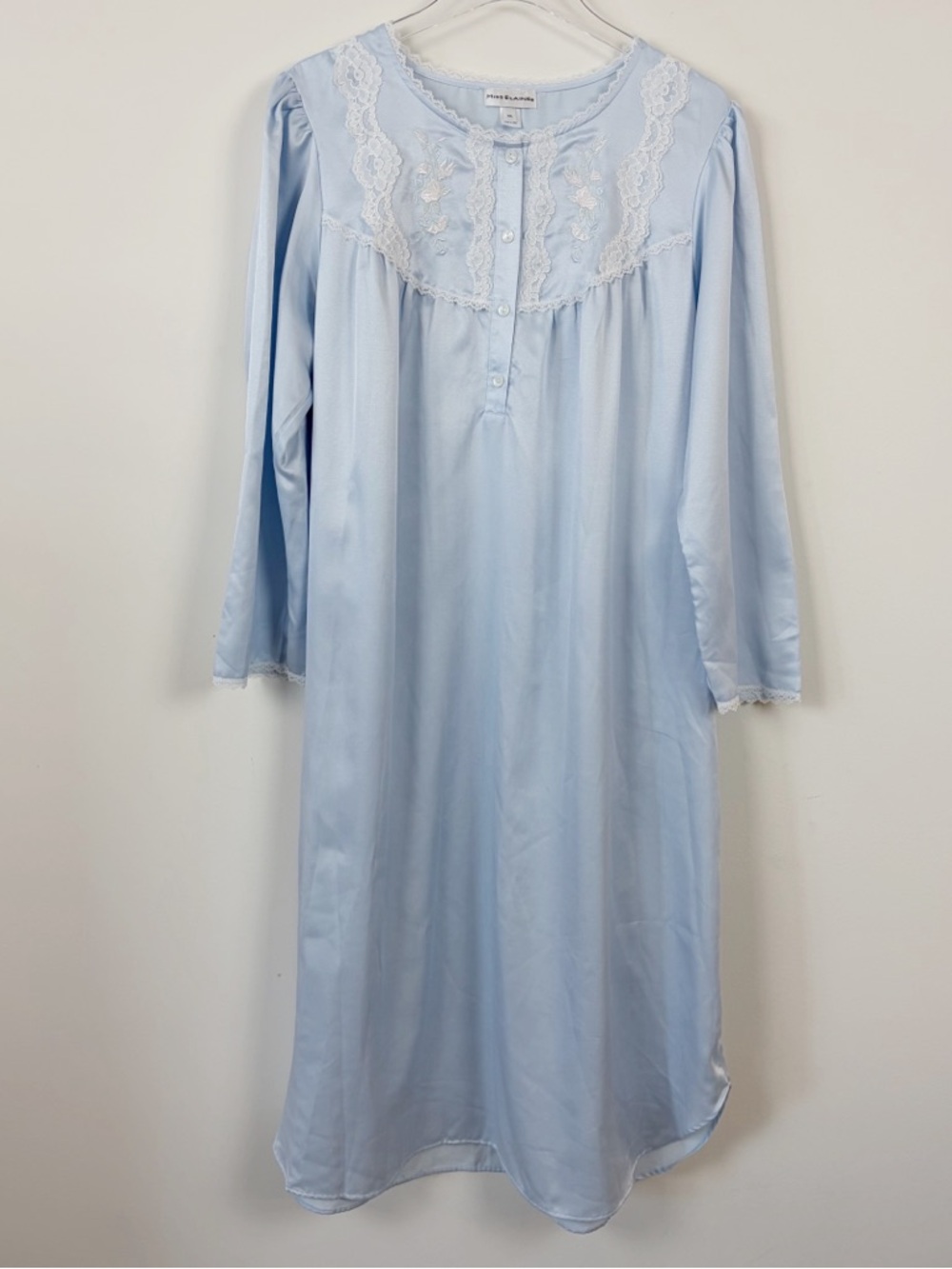Miss Elaine Brushed Back Satin Long Nightgown Womens XL Blue Embroidery Yoke